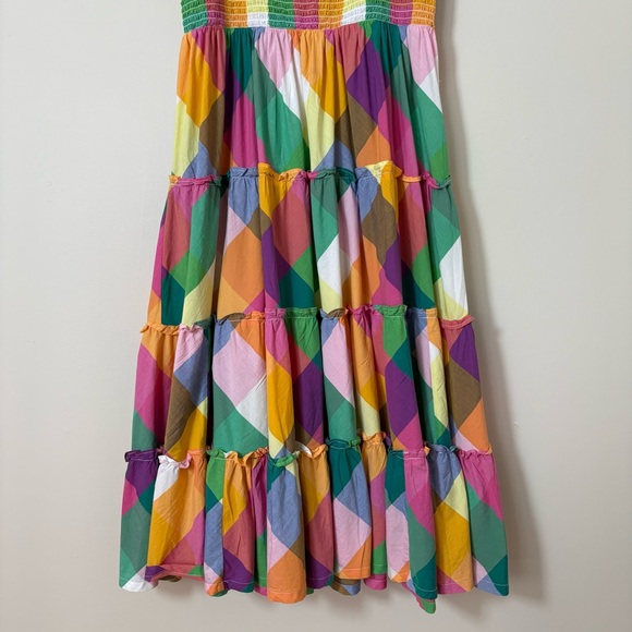 Crown Ivy Rainbow Plaid Smocked Tiered Ruffle Midi Dress L Boho Vacation Resort - Picture 5 of 16